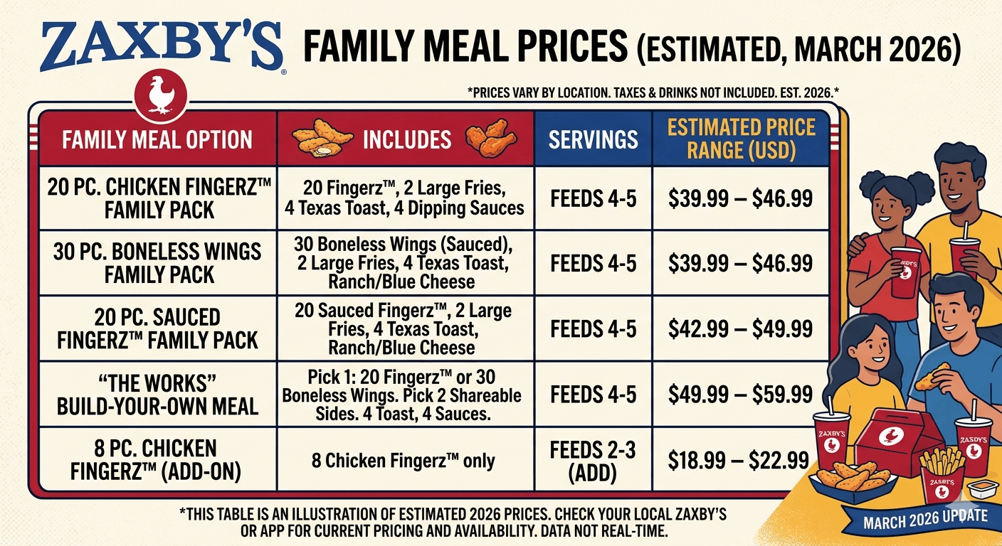 Zaxby’s Family Meal Prices Table