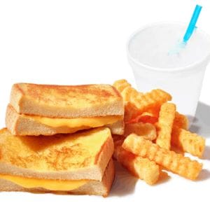 Kiddie Cheese® Grilled cheese (American Cheese on Texas Toast). Served with Crinkle Fries, Treat, and Kidz® Drink.