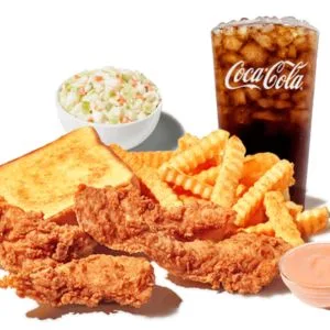 Zaxby's menu:Chicken Finger Plate - 4 Fingerz(4 hand-breaded Chicken Fingerz™ with Zax Sauce®. Served with Cole Slaw, Texas Toast, Crinkle Fries, and Small Drink.