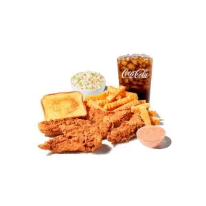 Zaxbys menu:Chicken Finger Plate - 5 Fingerz(5 hand-breaded Chicken Fingerz™ with Zax Sauce®. Served with Cole Slaw, Texas Toast, Crinkle Fries, and a small drink. )