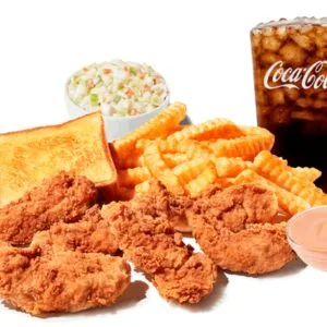 Zaxby's Menu: Chicken Finger Plate - 6 Fingerz(6 hand-breaded Chicken Fingerz™ with Zax Sauce®. Served with Cole Slaw, Texas Toast, Crinkle Fries, and Small Drink. )