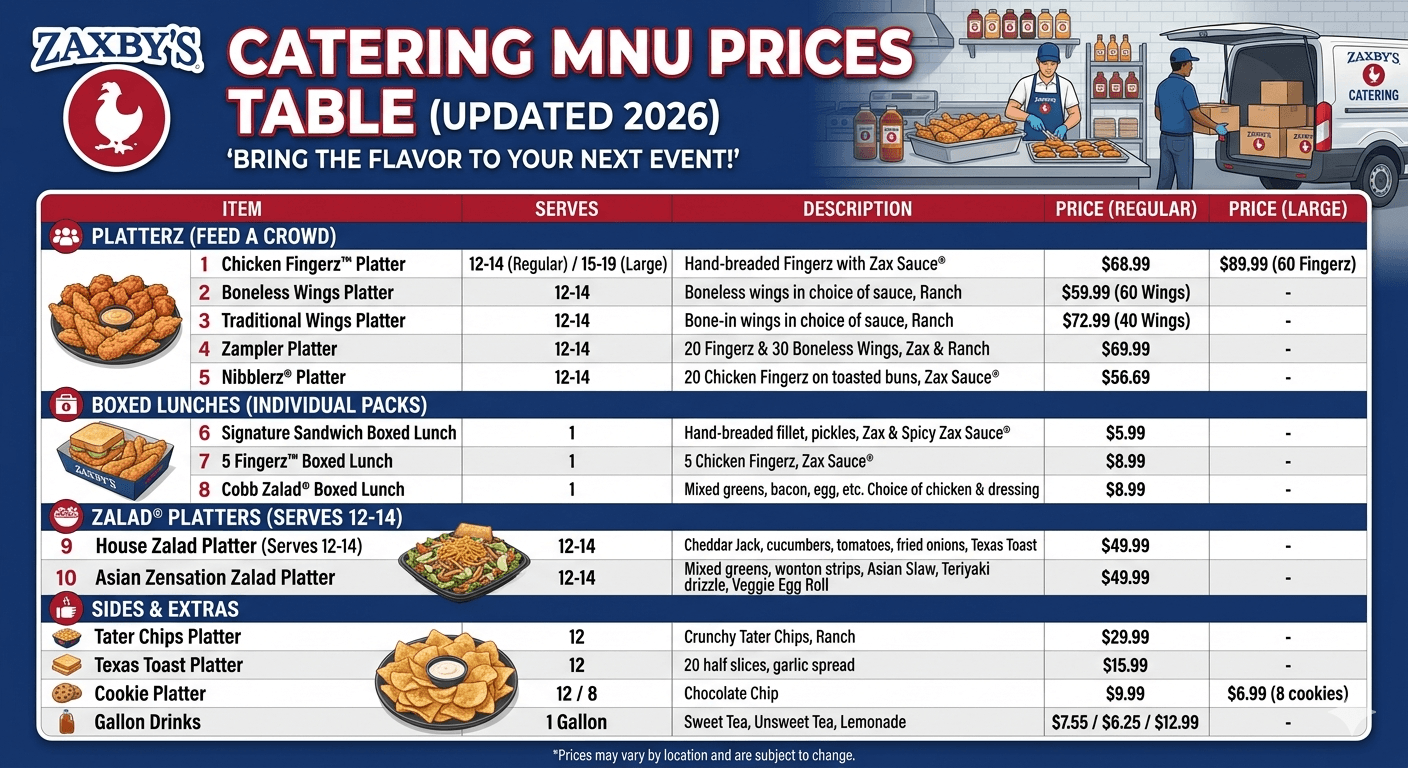 Zaxby’s Catering Menu Prices Table