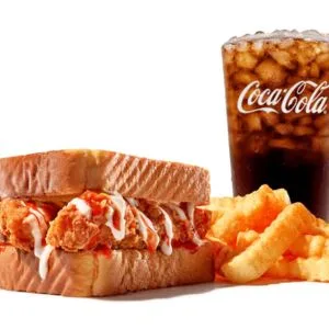 Zaxbys menu: Kickin Chicken Sandwich(Hand-breaded Chicken Fingerz™, Tongue Torch®, and Ranch on Texas Toast. Served with Crinkle Fries and Small Drink.
