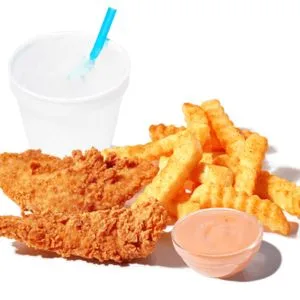 Zaxbys menu: Kiddie Fingerz™ Meal(2 hand-breaded Chicken Fingerz™ with Zax Sauce®. Served with Crinkle Fries, Treat, and Kidz® Drink. )