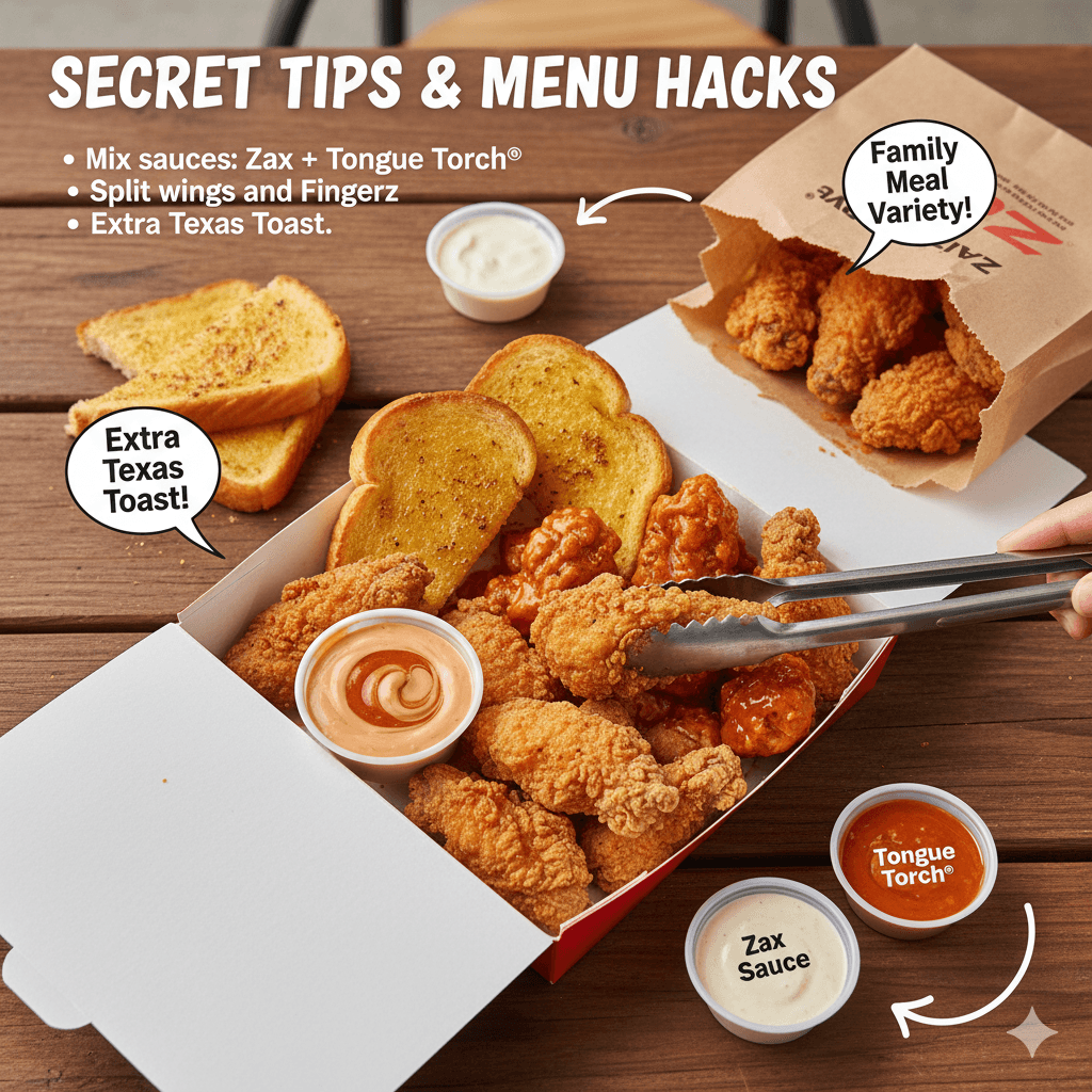 Secret Tips & Menu Hacks Mix sauces: Zax + Tongue Torch® = legendary dip Split wings and Fingerz for variety in family meals Ask for extra Texas Toast in combo meals